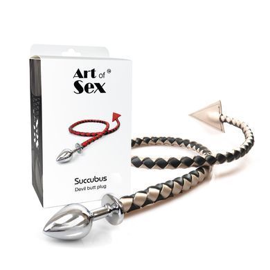 Металлическая анальная пробка M с дьявольским хвостом Art of Sex - Succubus, экокожа, черный/золото SO9746 фото