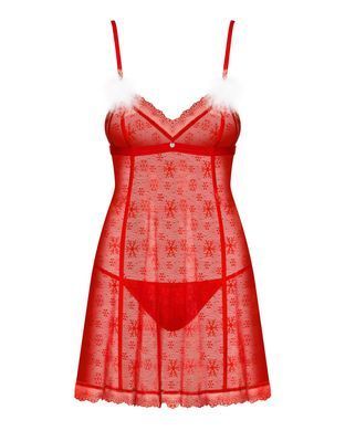 Новогодняя сорочка Obsessive Claussica, XL/2XL, красная, прозрачная с узором, стринги в комплекте SX1136 фото