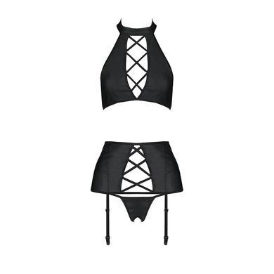 Комплект из эко-кожи с имитацией шнуровки Passion NANCY SET S/M black, топ, трусики, пояс для чулок SO5374 фото