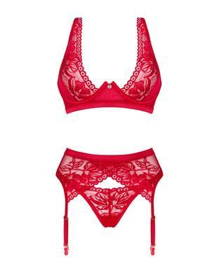 Комплект белья Obsessive Lacelove cupless 3pcs set XS/S Red, бюстгальтер, стринги, пояс для чулок SO8655 фото