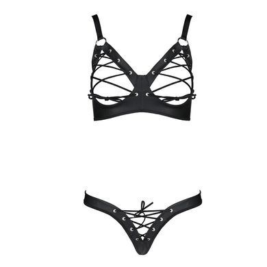 Комплект из экокожи Passion CELINE BIKINI L/XL, black, открытый бра с лентами, стринги со шнуровкой SO6400 фото
