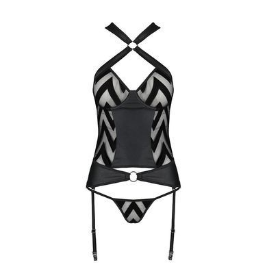 Сітчастий комплект з візерунком Passion HIMA CORSET L/XL black корсет з халтером, підв'язки, трусики SO5349 фото
