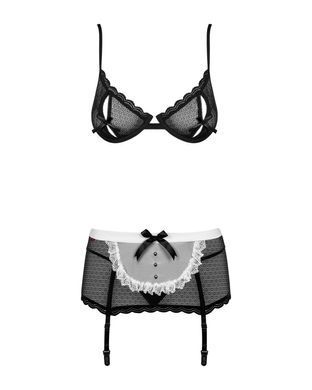 Эротический костюм горничной Obsessive Maidme set 5pcs S/M, бюстгальтер, пояс с фартуком, чулки SO7290 фото