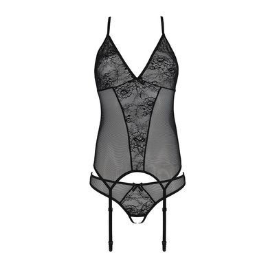 Корсет із пажами, трусики з ажурним декором та відкритим кроком Passion URSULA CORSET S/M, black SO5836 фото