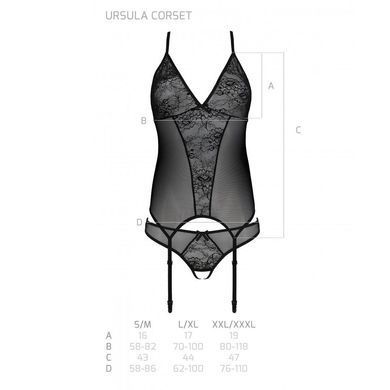 Корсет із пажами, трусики з ажурним декором та відкритим кроком Passion URSULA CORSET S/M, black SO5836 фото